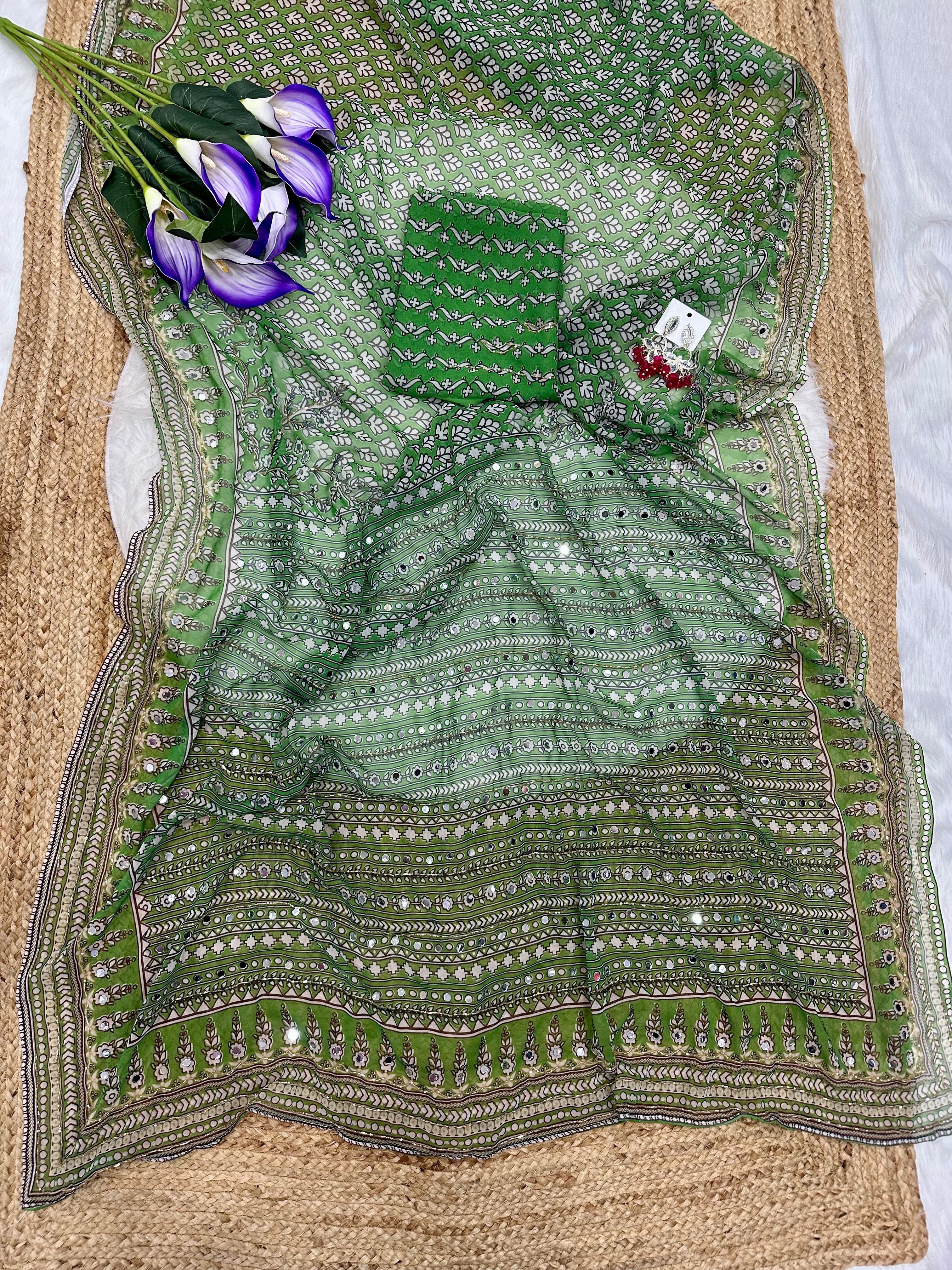 Soft Georgette Digital Printed Val Moti Handwork Saree
